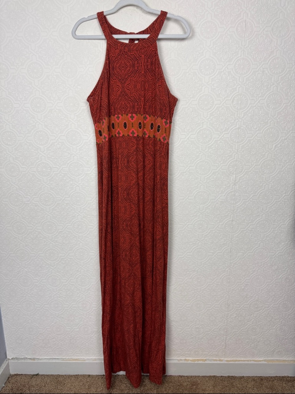 Prana Brick Red Maxi Dress with Orange Waistband